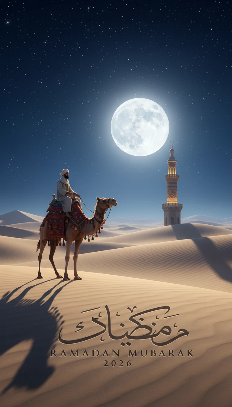 Camel rider crossing desert dunes under a full moon