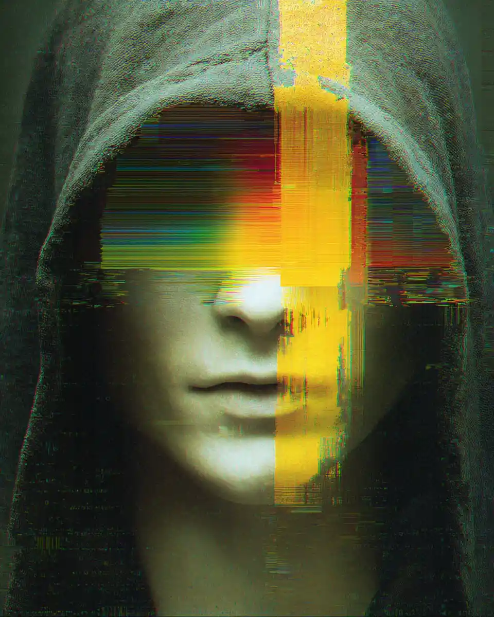 Glitch distorted close up of a faceless hooded figure