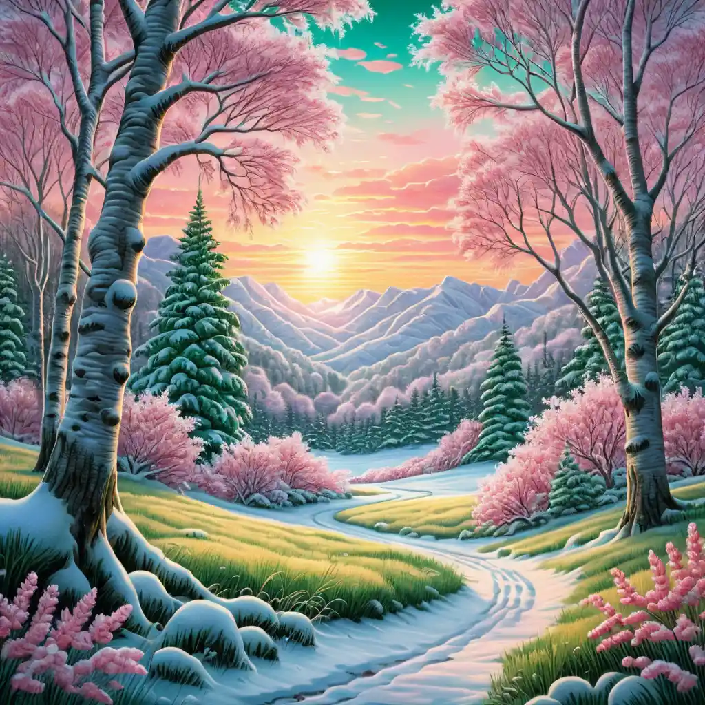 Winter birch meadow at sunrise with snow and flowers