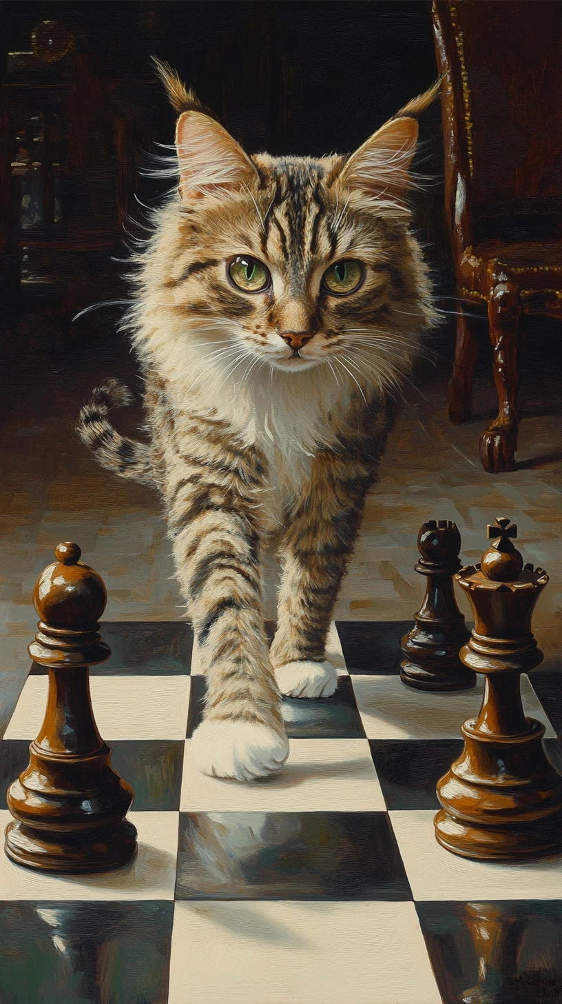 Surreal cartoon cat on chessboard in oil painting style