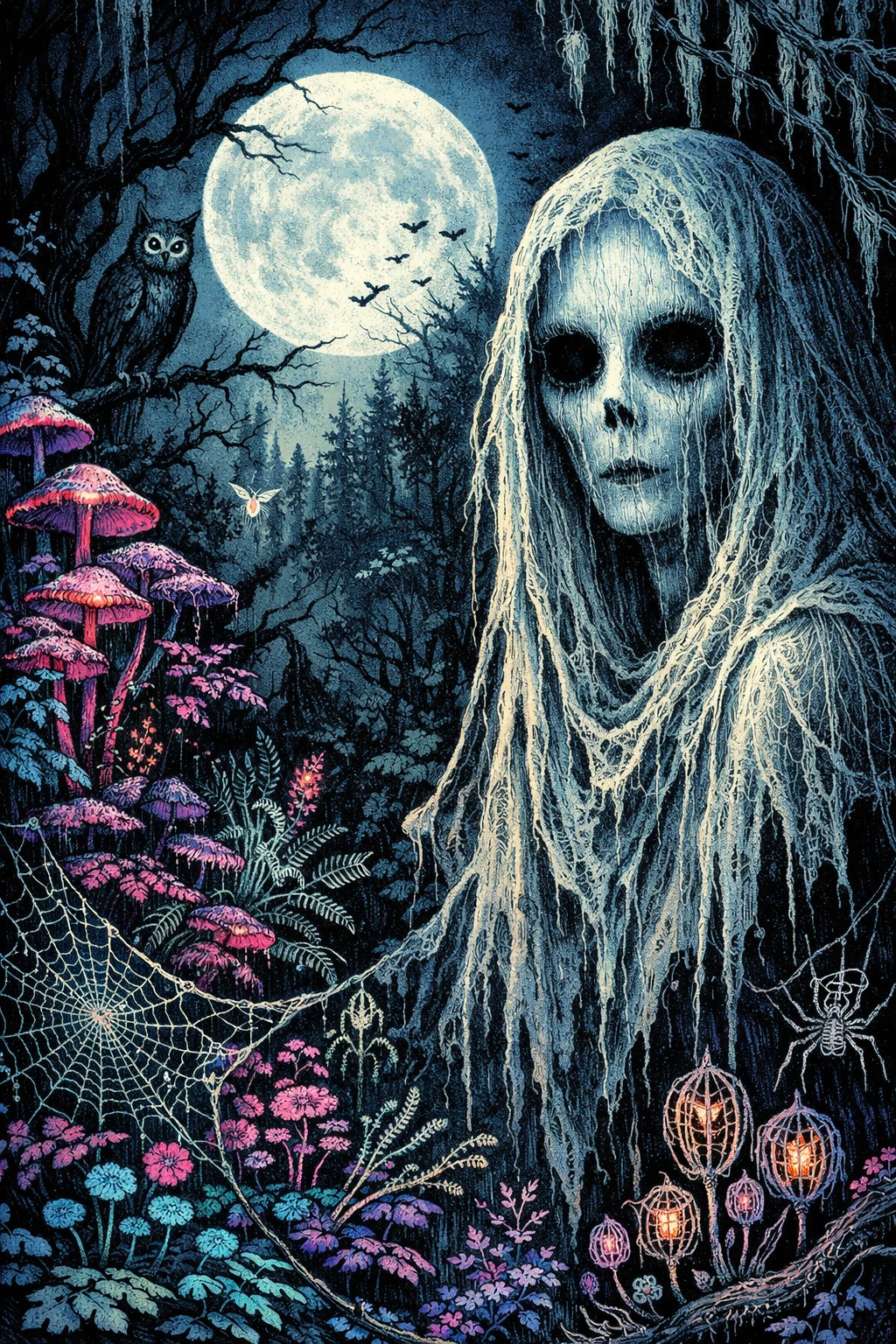 Neon surreal forest with a close up ghostly figure