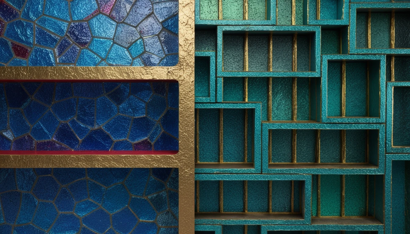 Abstract room interior with stained glass partition and shelves