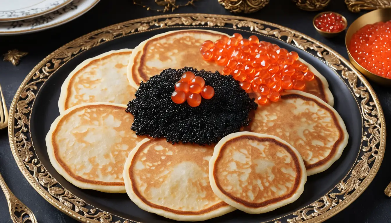 Panqueques con caviar rojo y negro en plato estampado