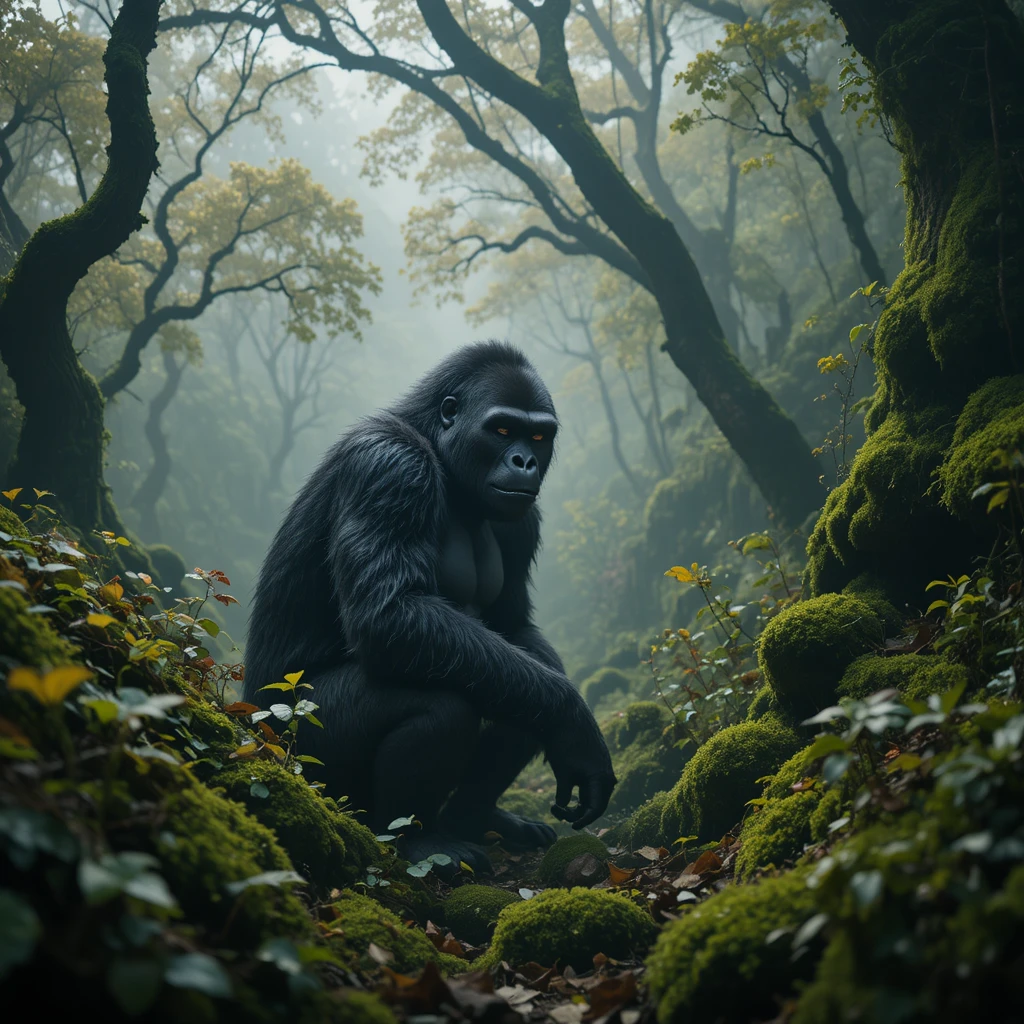 Silverback gorilla in a misty ember lit forest scene