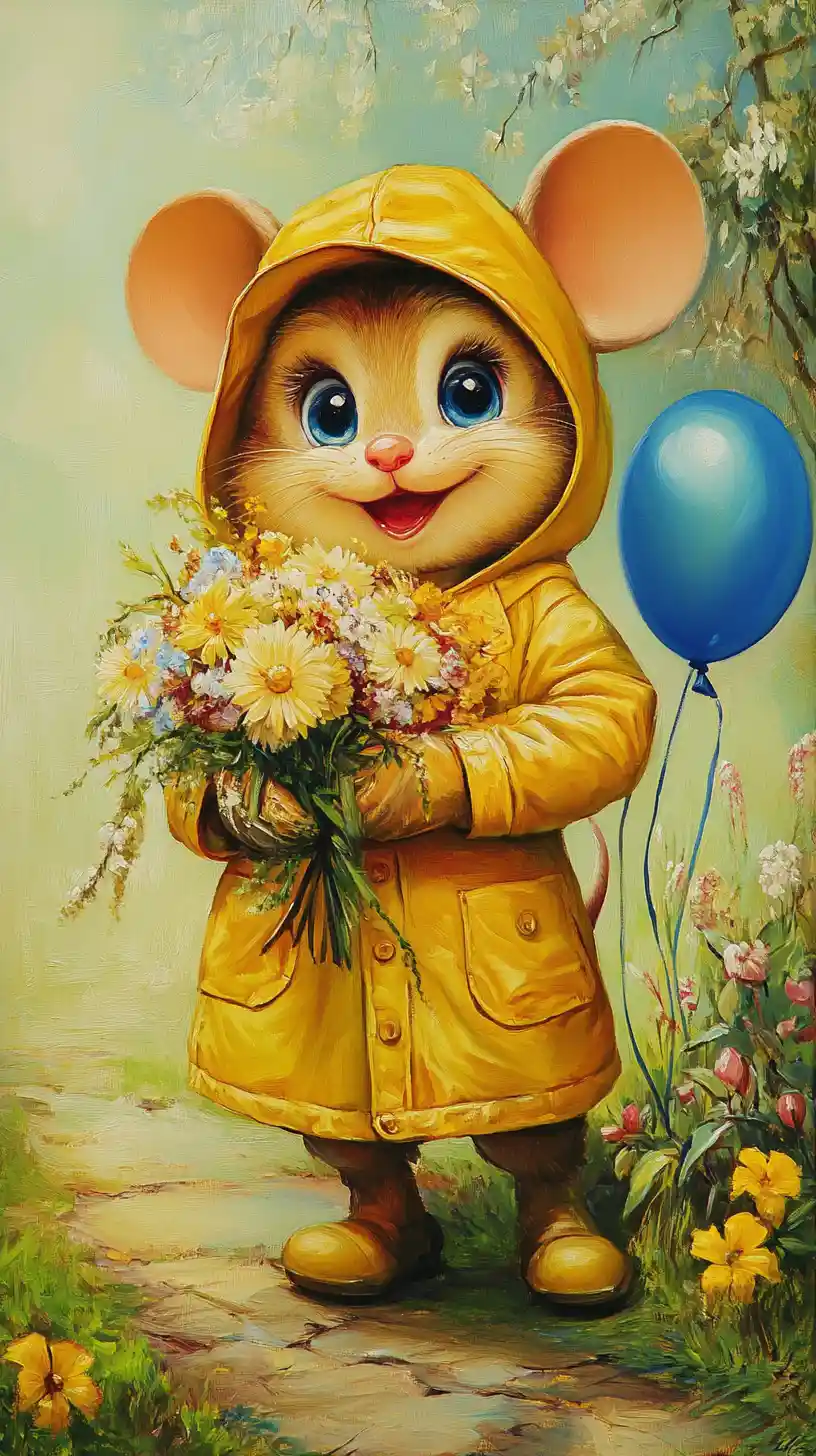 Cartoon mouse in yellow raincoat holding spring snowdrop flowers