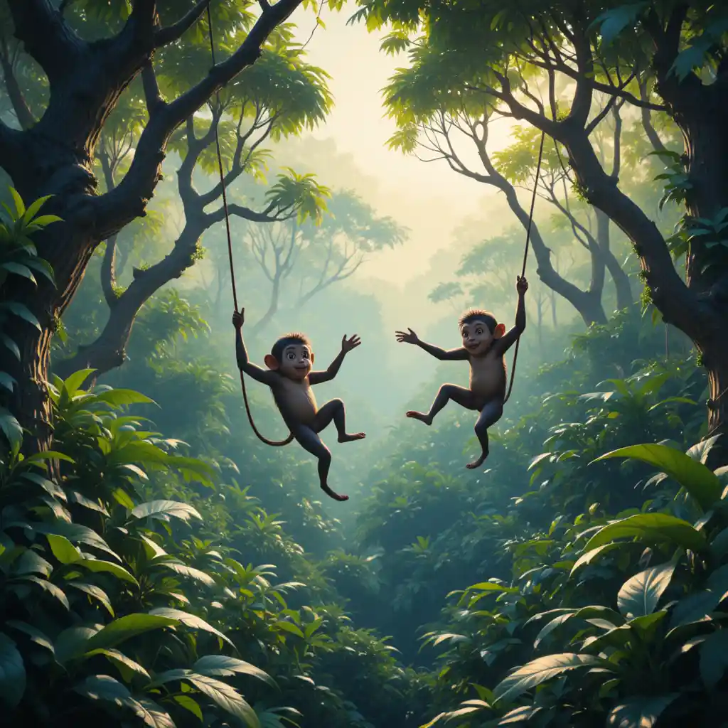 Two playful monkeys leaping through a sunlit jungle canopy