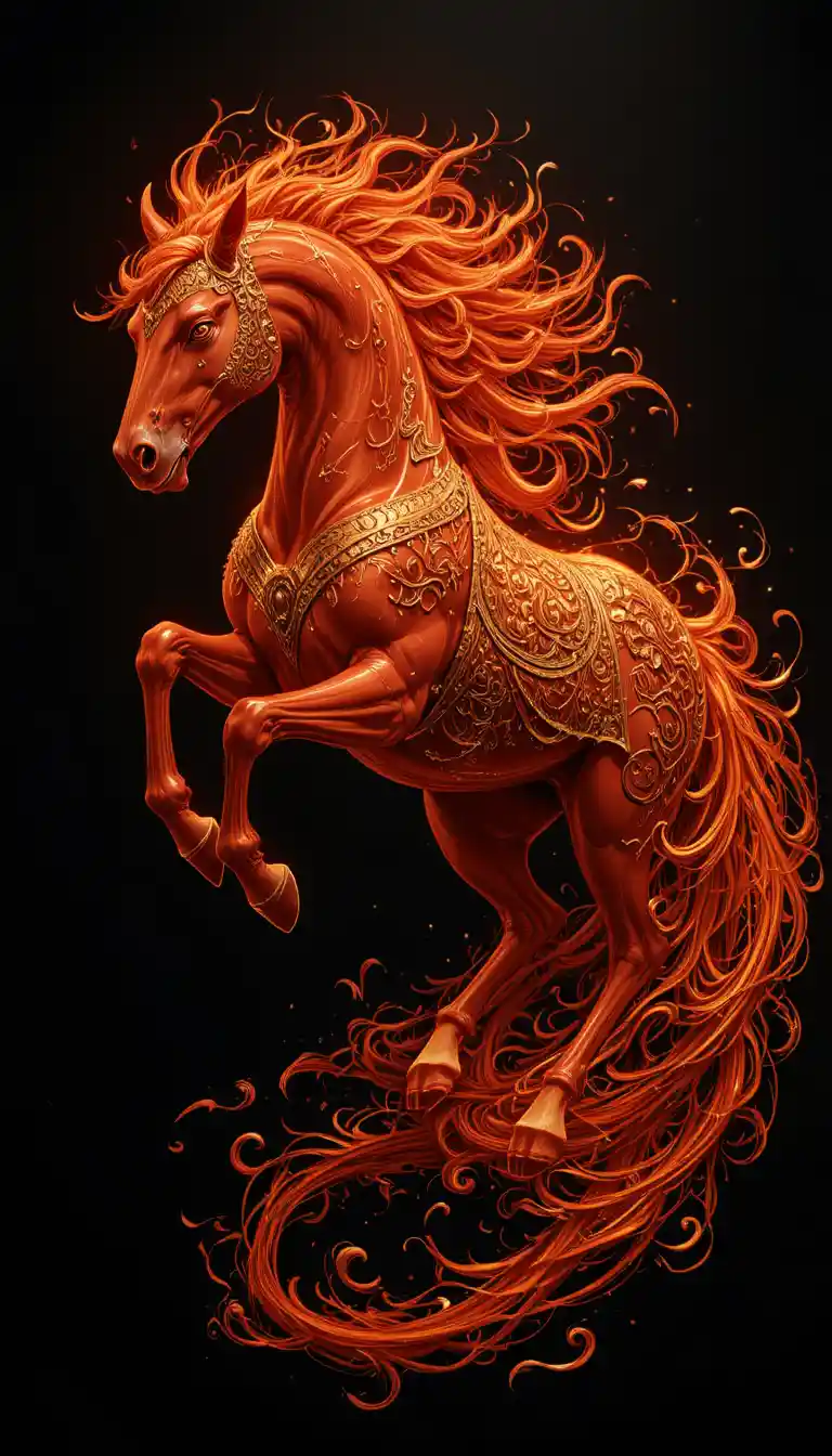 Fiery Red Horse Charging Through Flames On Black Background