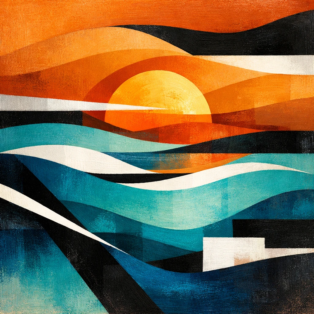 Atardecer de playa geométrico abstracto en tonos verde azulado y naranja