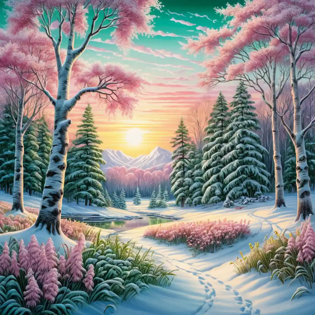 Snowy birch trees at sunrise in a winter meadow illustration