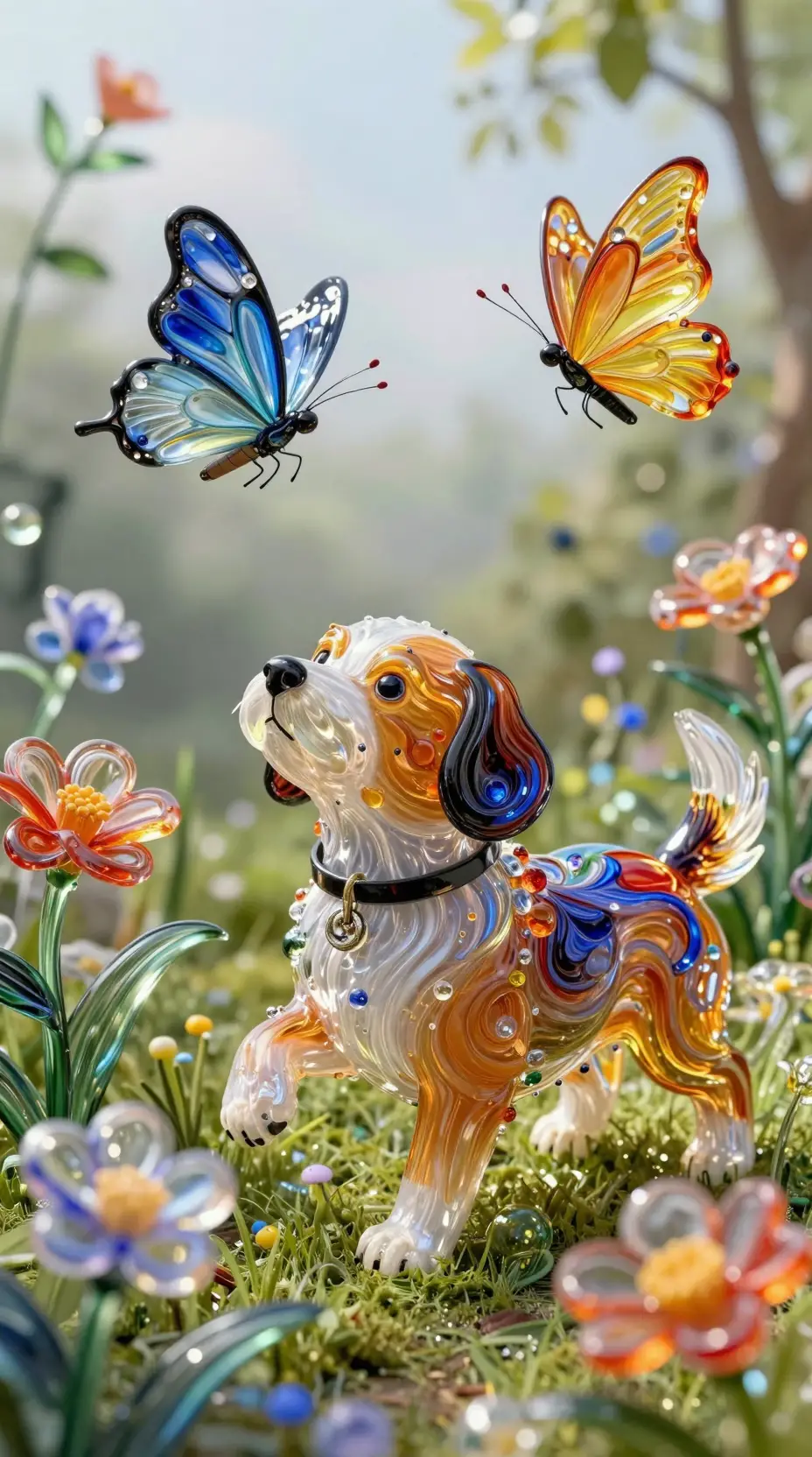 Glass Dog Chasing Butterfly In A Magical Fantasy Garden