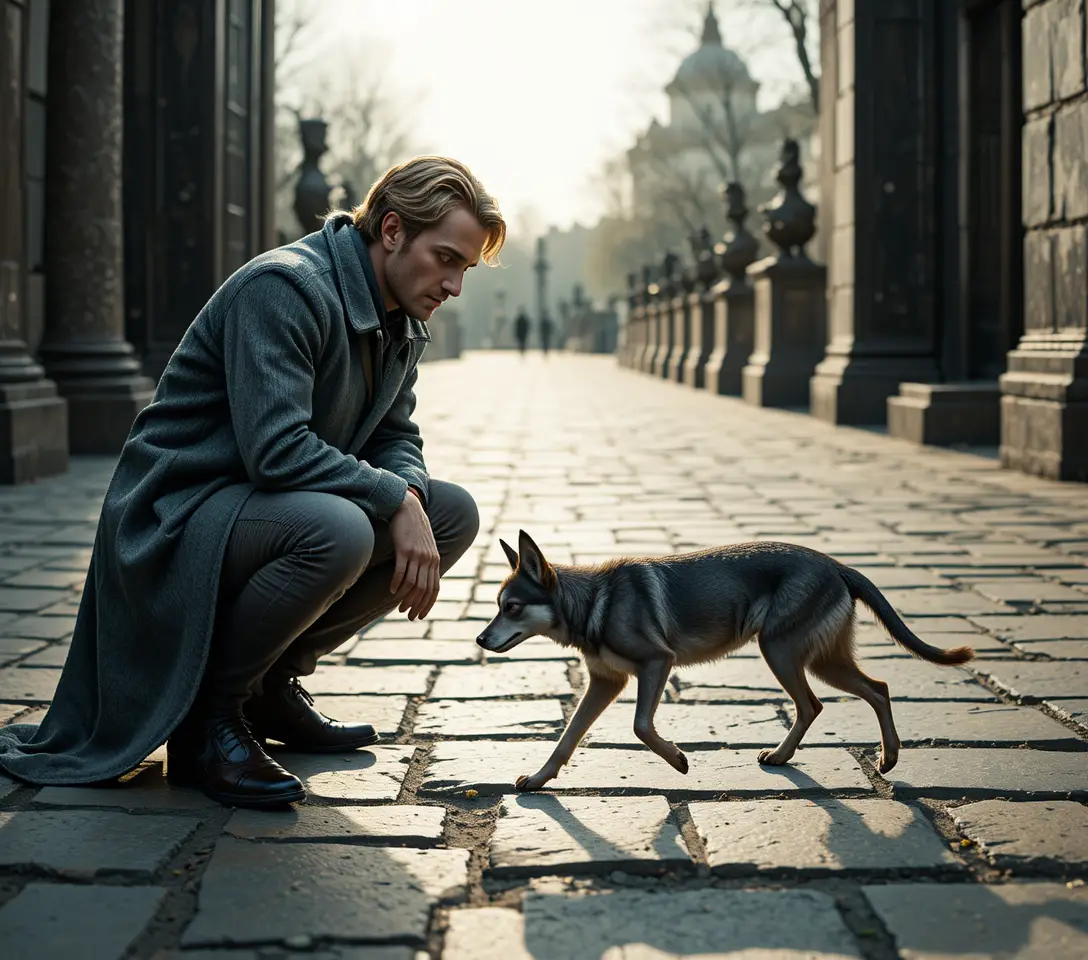 Curious man kneeling on stone ground near small animal