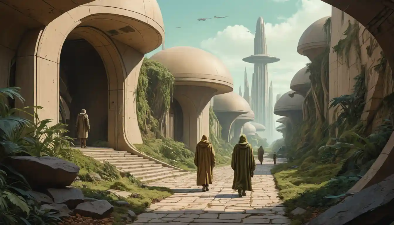 Hooded figures walk a decayed path in a futuristic city
