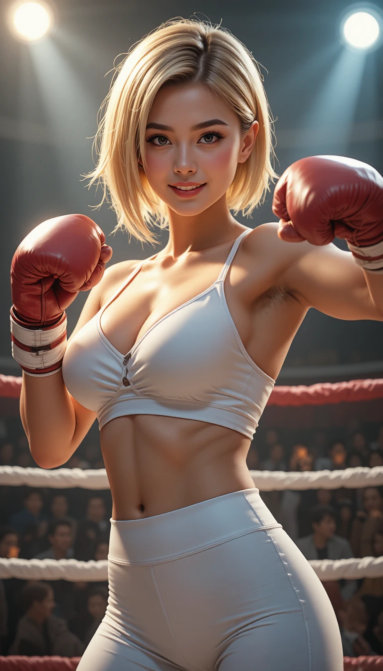 Blonde girl boxer punching in a gym training ring
