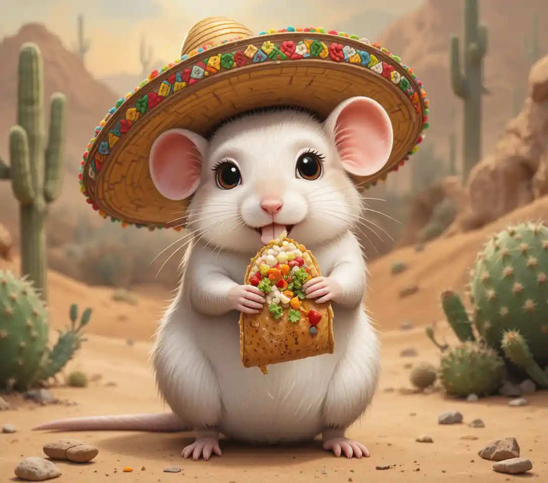 Cute Mexican mouse eating a taco in the desert