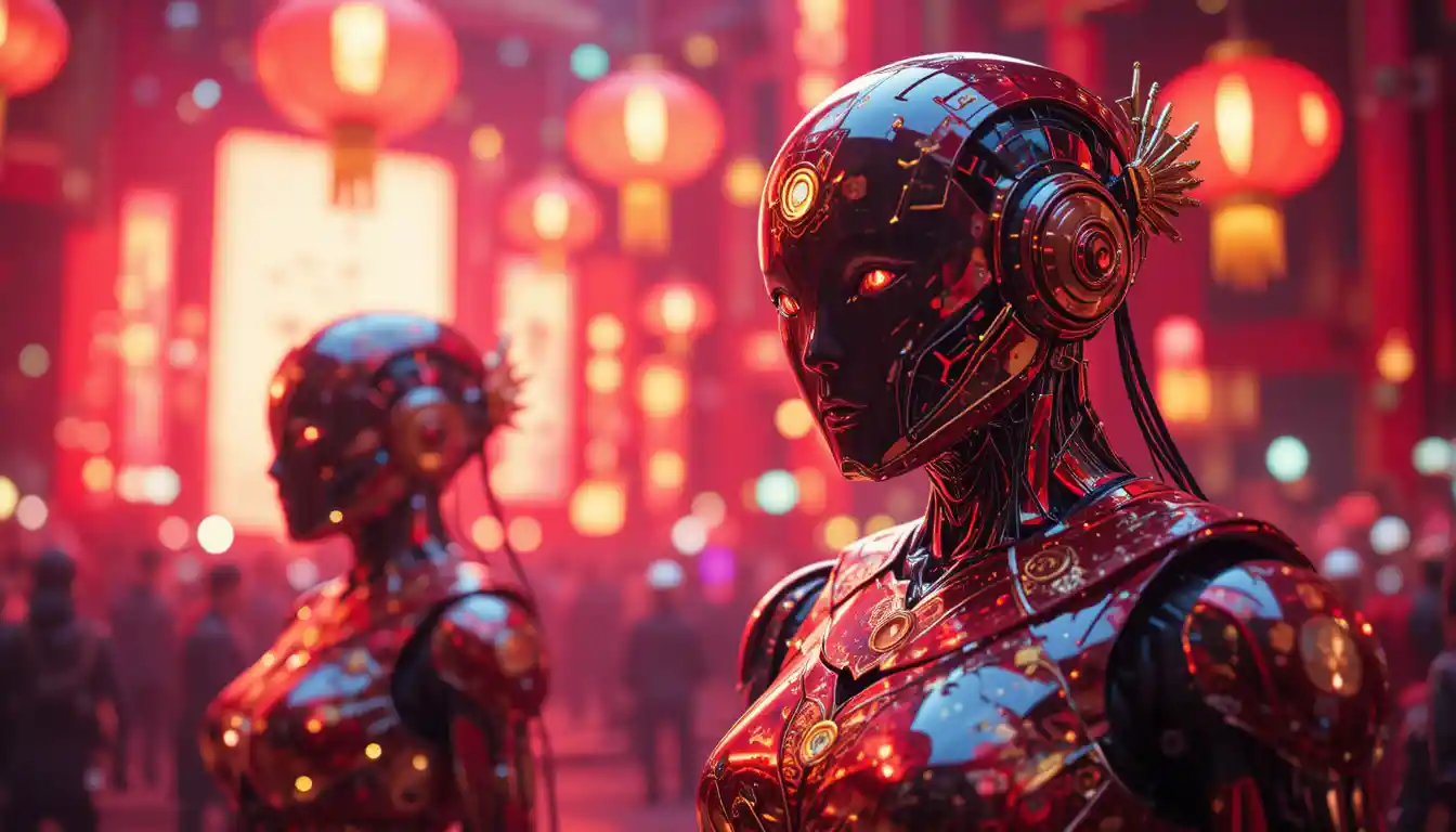 Cyber humanoids celebrating chinese new year in neon city