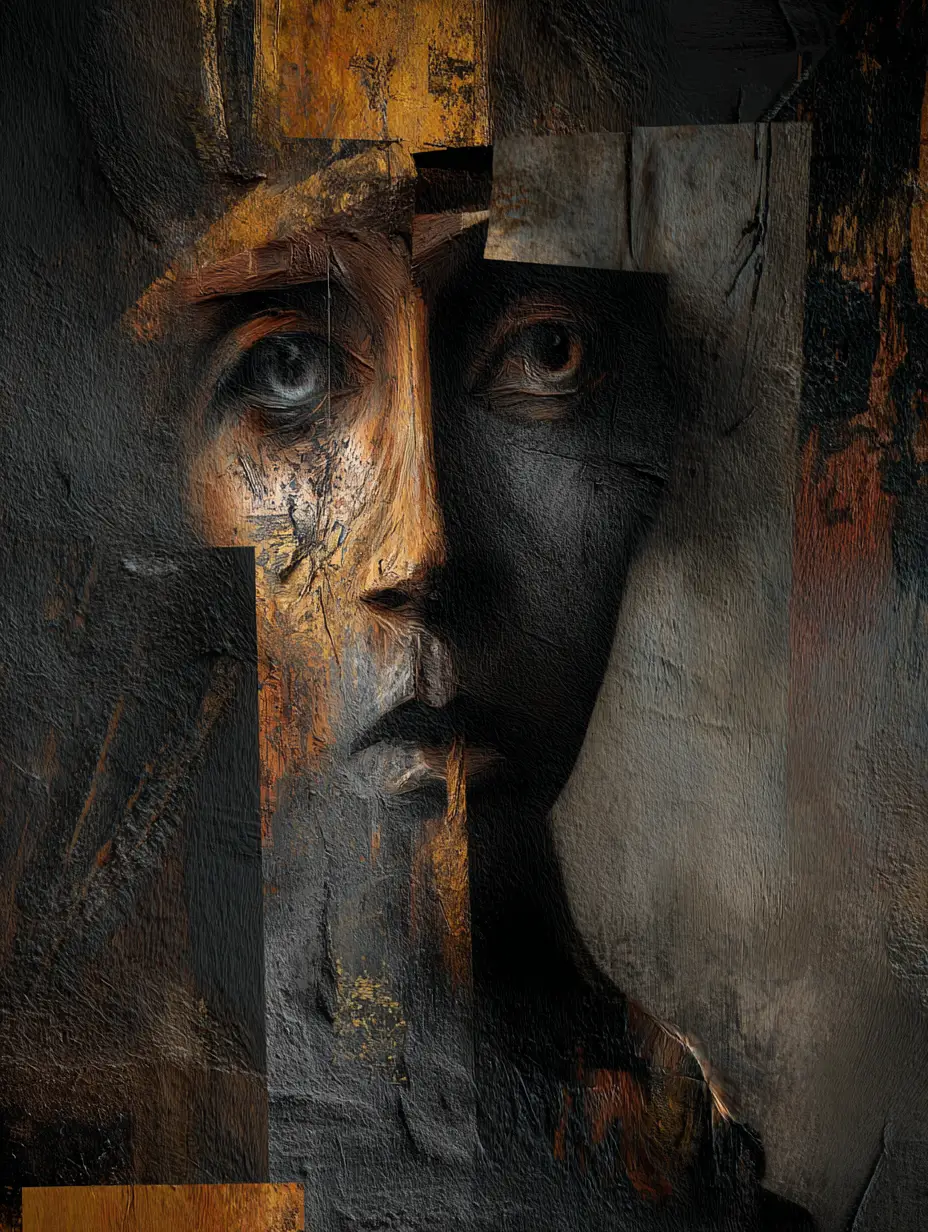 Dark emotional expressionist painting with confronting symbolism