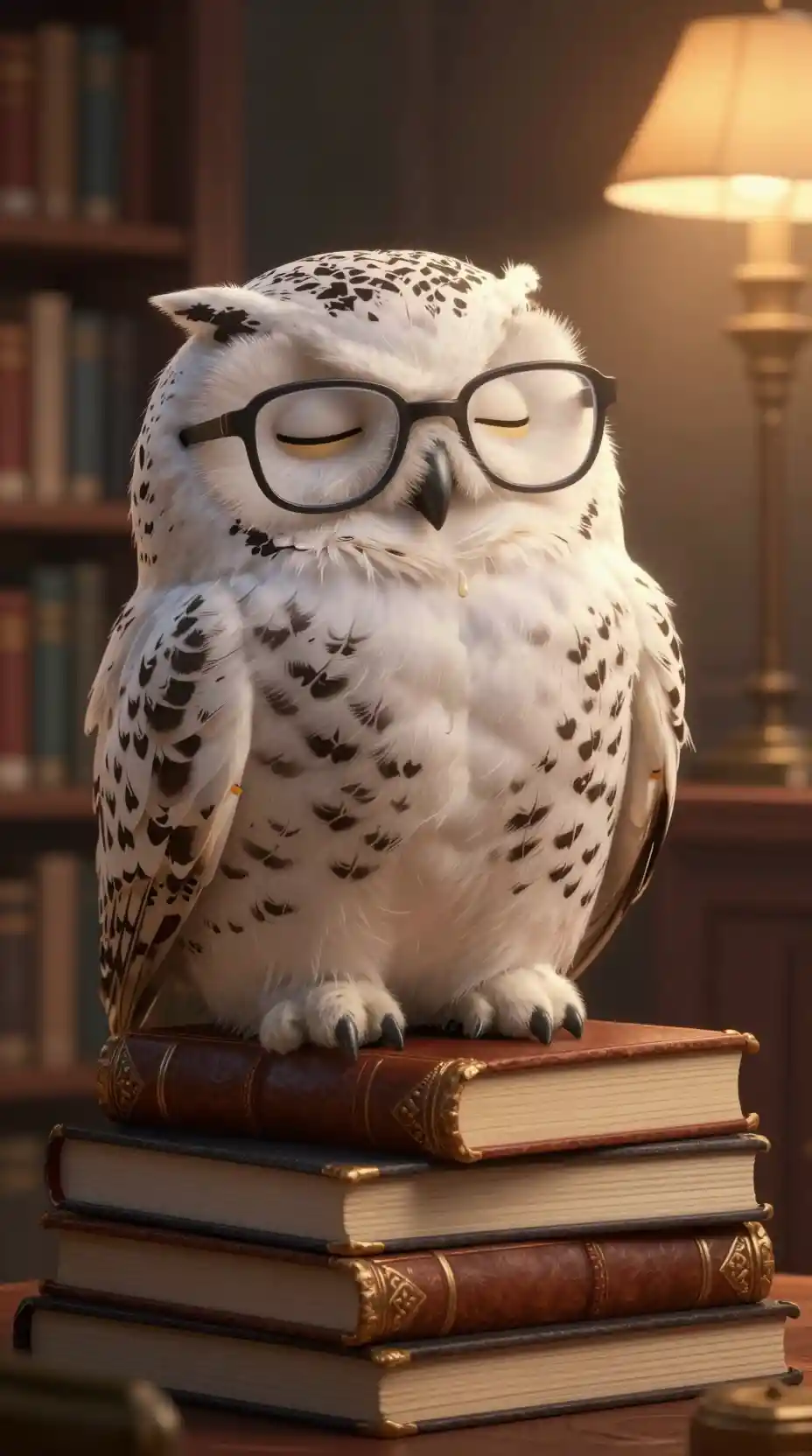 Sleepy snowy owl on books in a cozy library