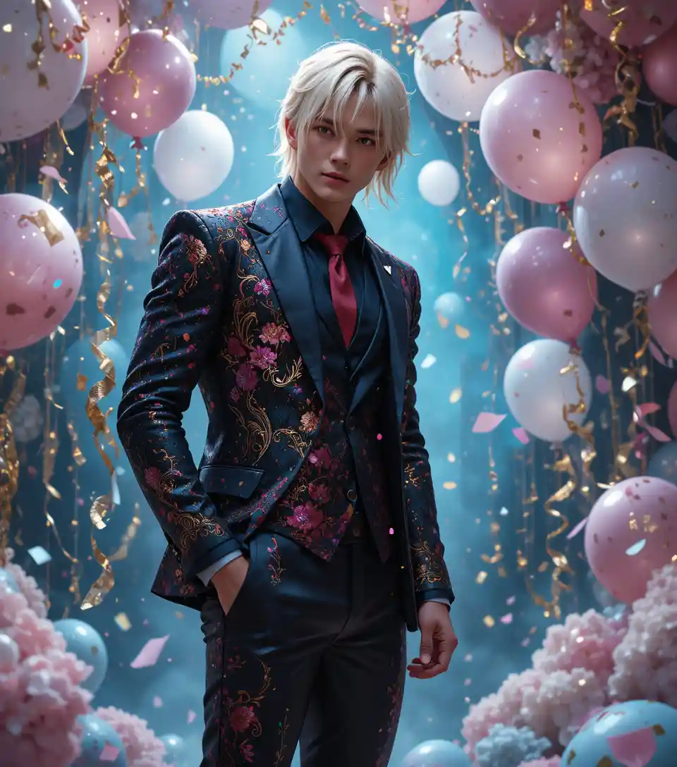 Giovane biondo in abito con paillettes a una festa scintillante