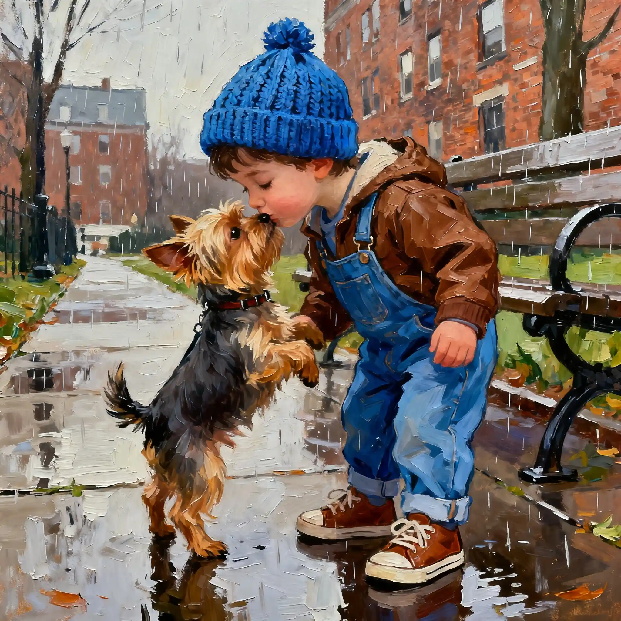 Niño pequeño besando a un diminuto yorkshire terrier en una acera lluviosa