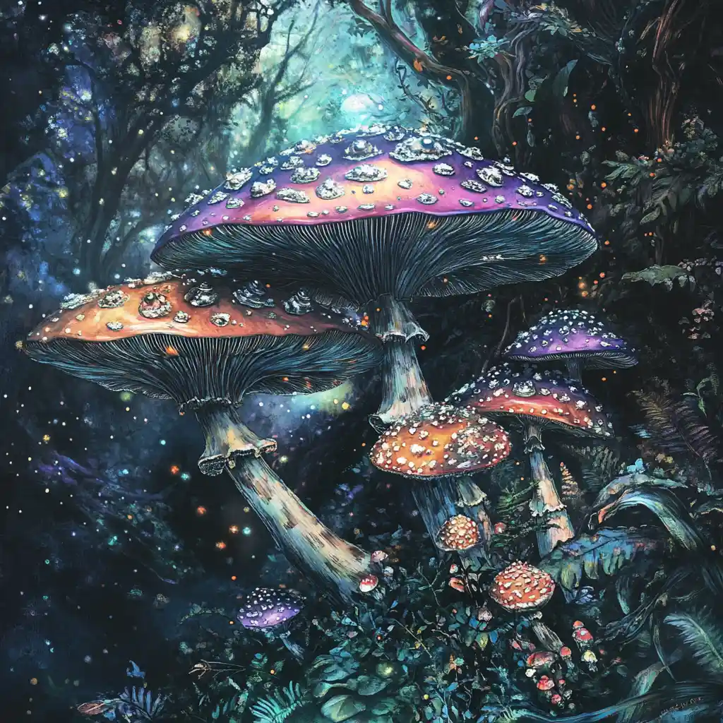 Surreal Forest Of Oversized Colorful Mushrooms With Silver Spots