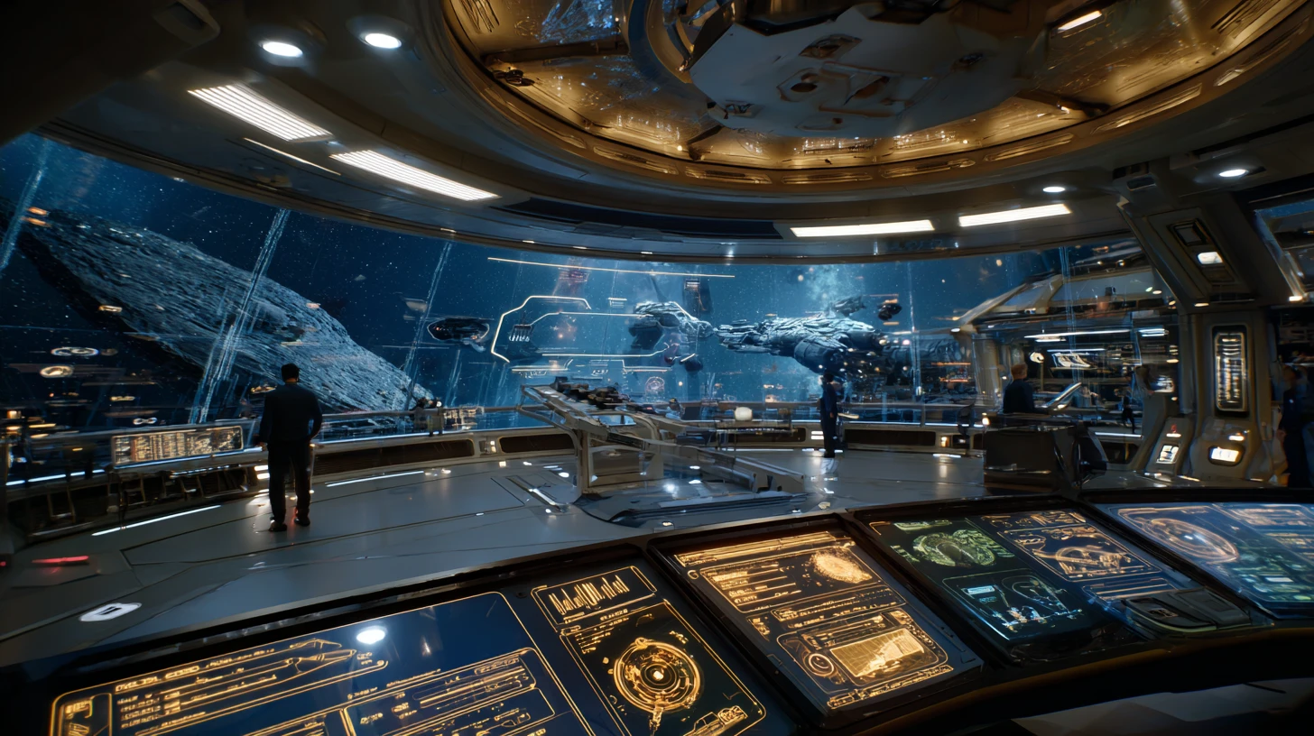 Starship command deck with captain watching targeted alien vessel