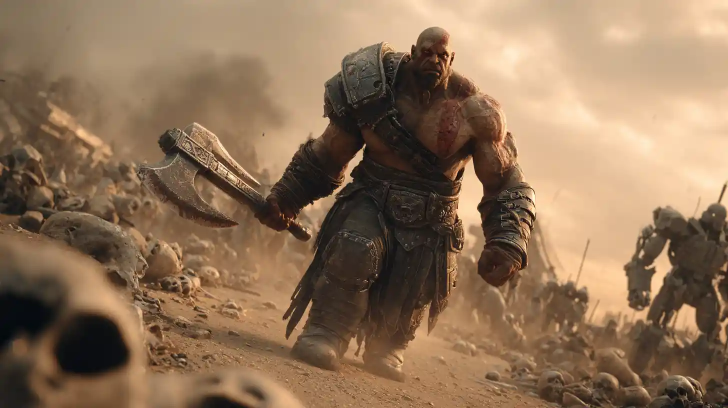 Barbarian warrior charging across a desolate robotic battlefield