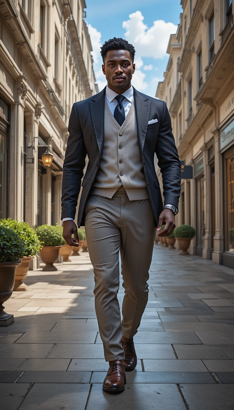 Confident ebony king walking through a sunlit city