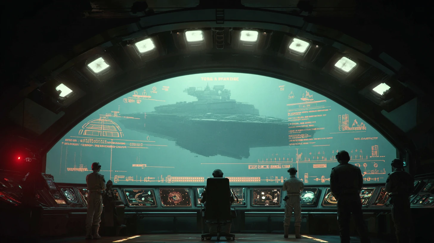 Starship command deck with targeting screen locked on alien vessel