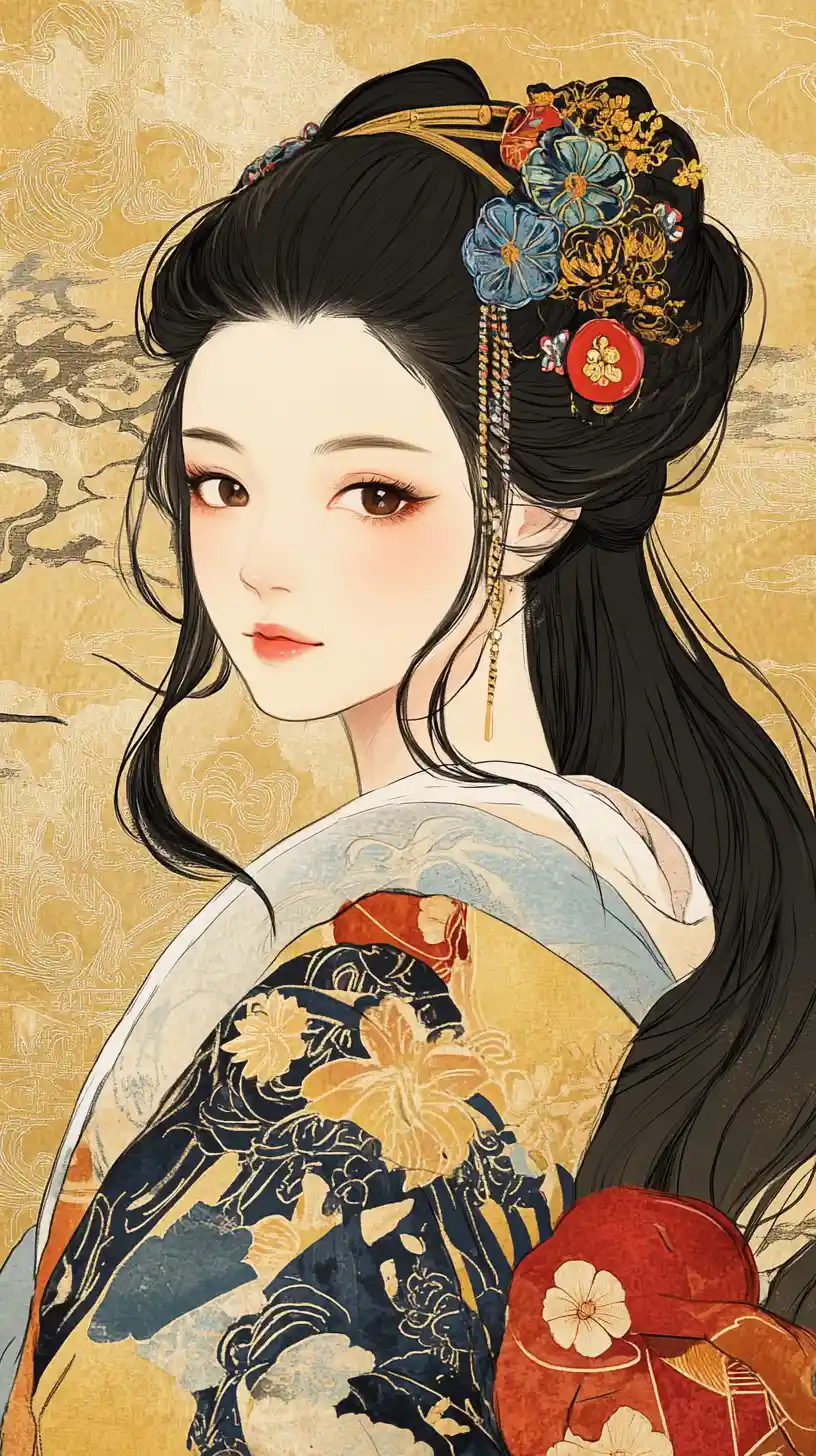 Asian woman in floral kimono ukiyo e inspired portrait