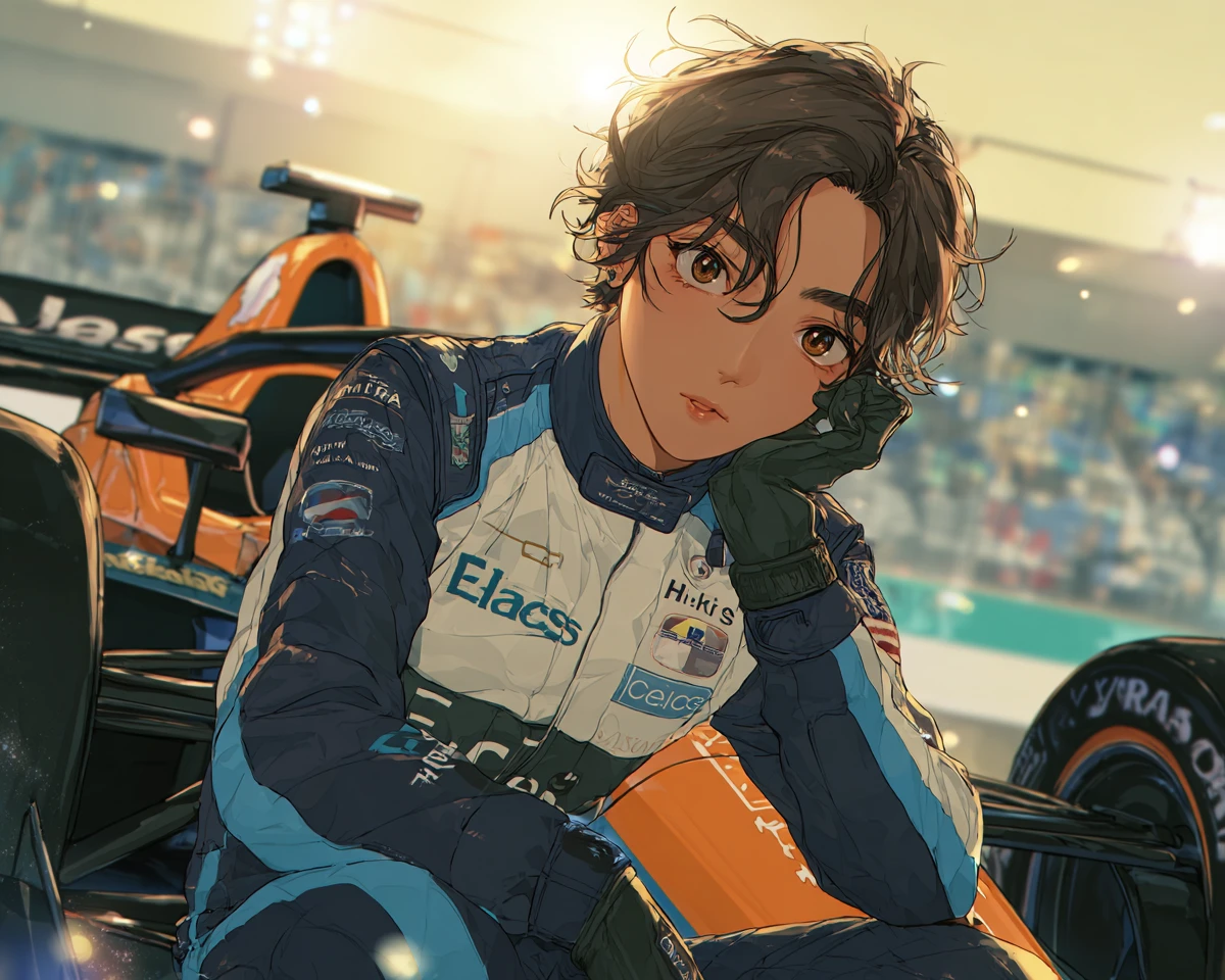 Anime race car driver resting on orange formula car