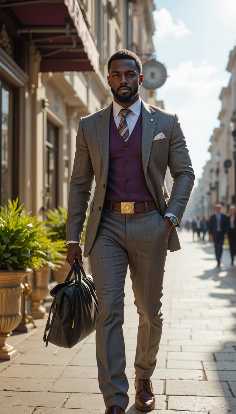 Confident well dressed king walking through sunlit city street