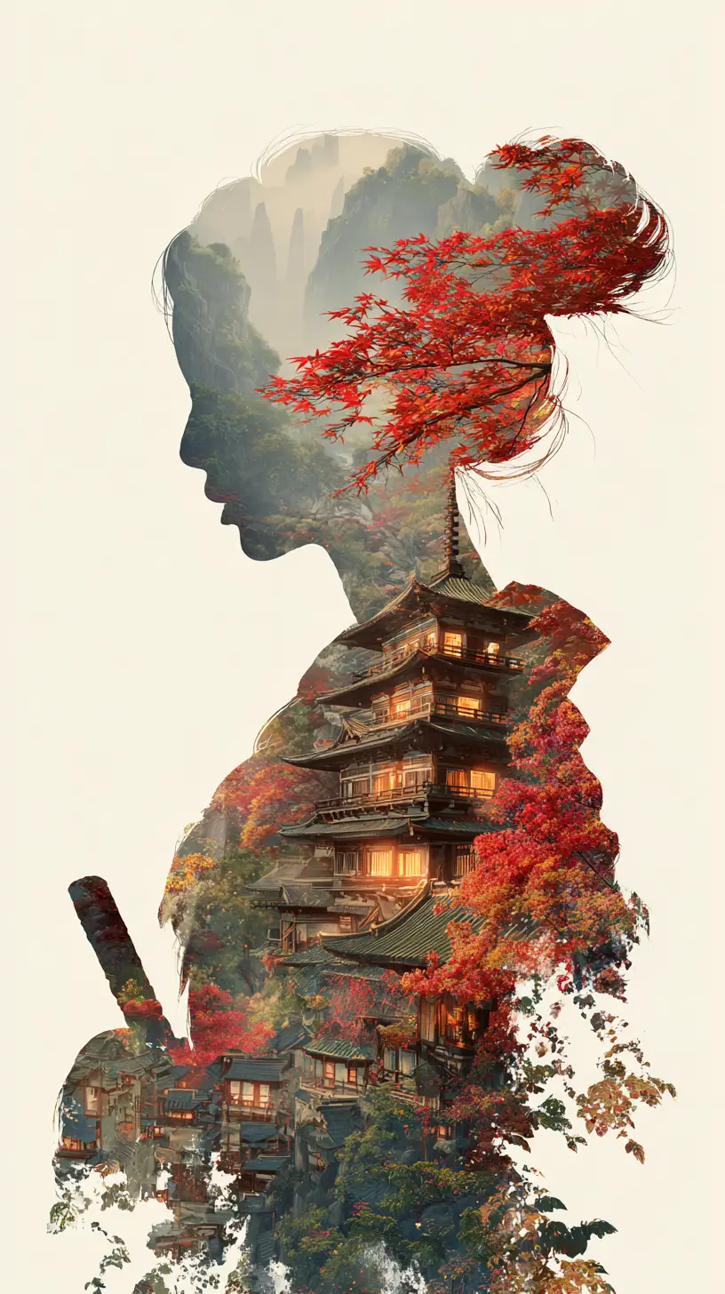 Woman silhouette filled with misty Japanese mountain village