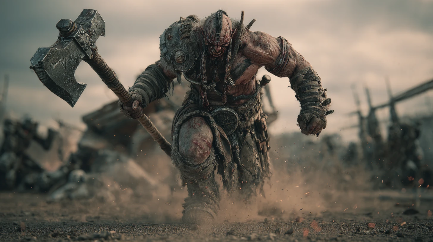 Guerrero bárbaro cargando a través de un campo de batalla sci‑fi en ruinas