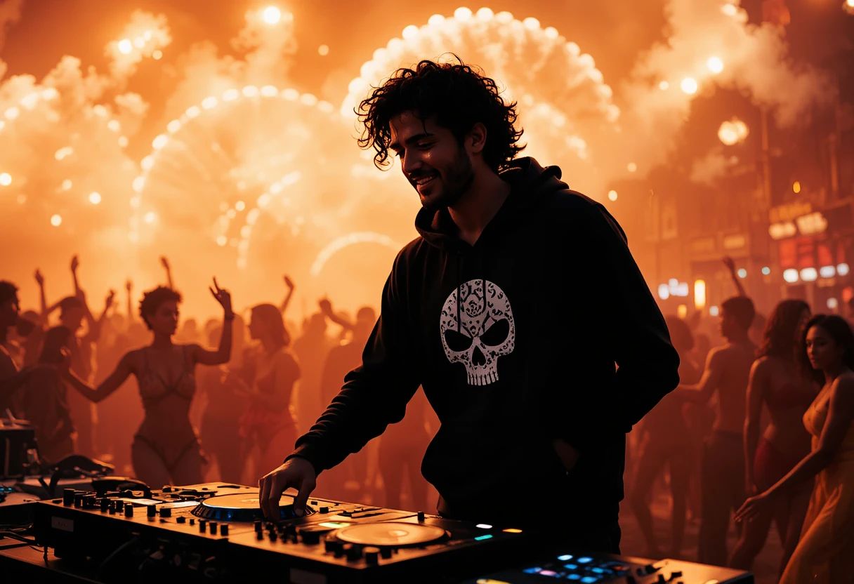 Spanish dj performing on a beach in Dubai at night