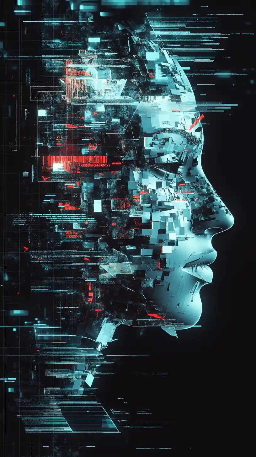 Volto digitale frammentato che emerge da uno spazio oscuro e glitch