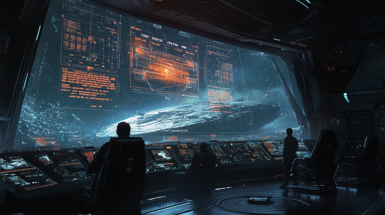 Starship command deck with captain facing alien target ship