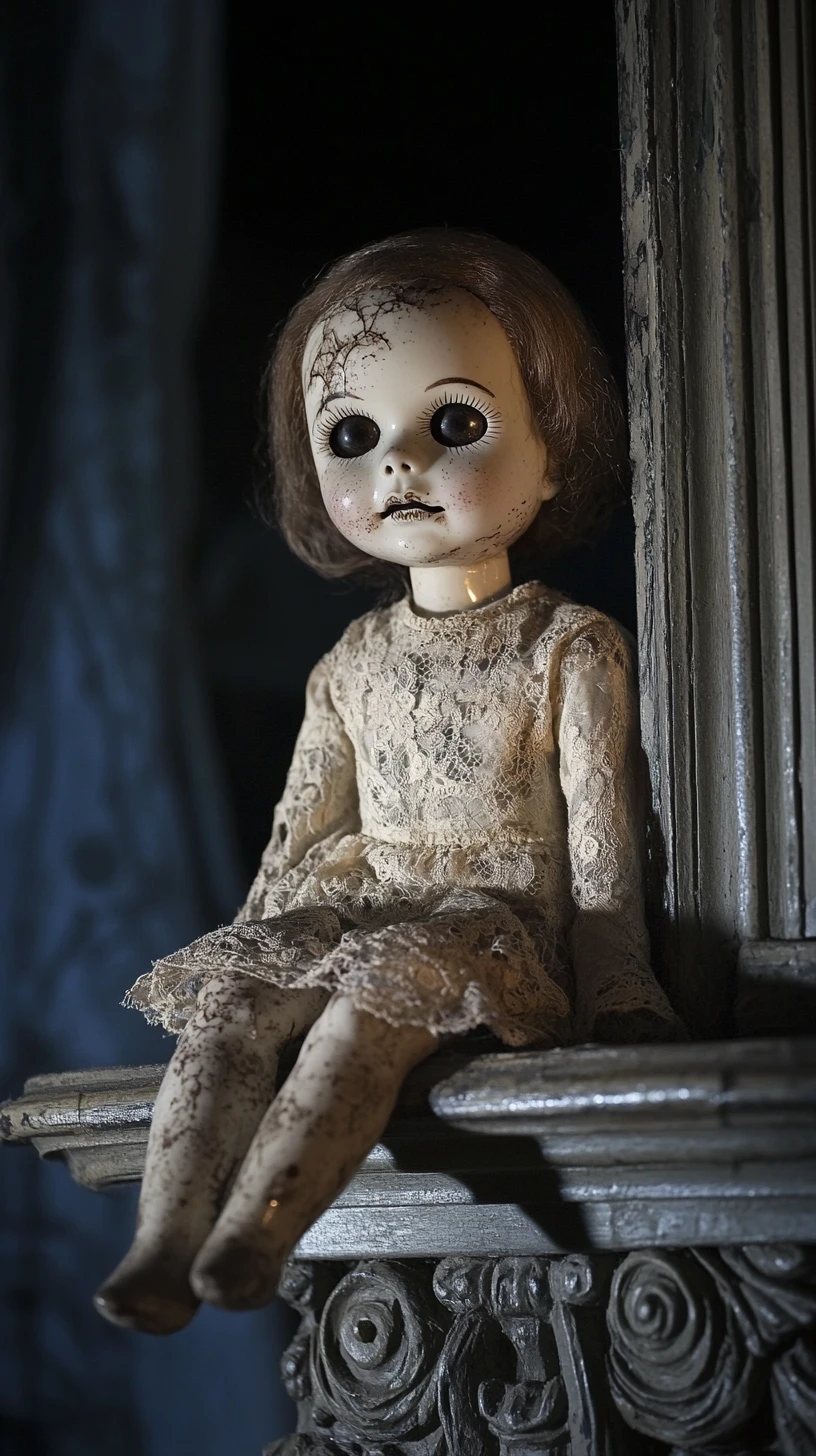 Rissige Porzellanpuppe auf staubiger Fensterbank in der Nacht