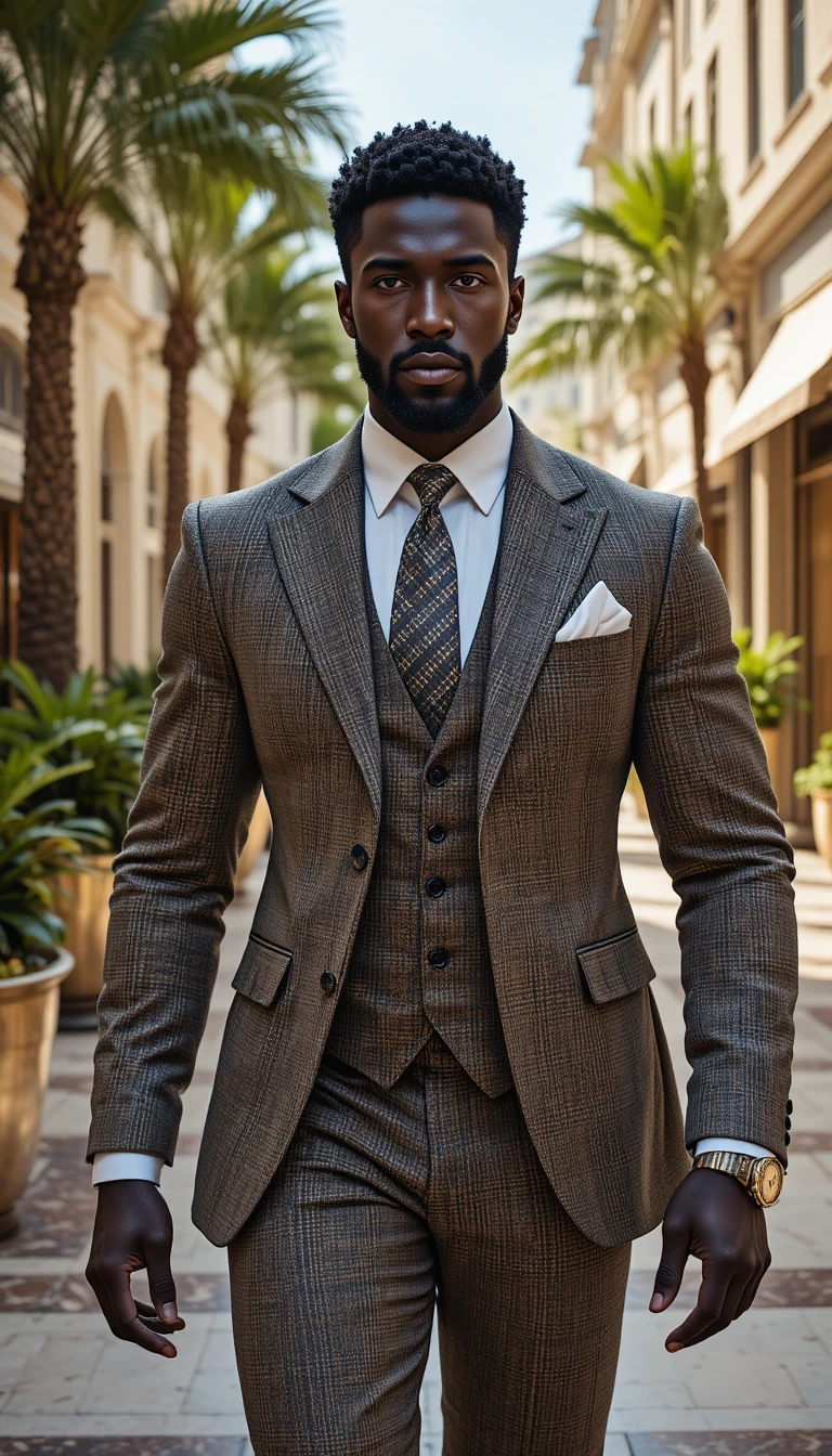 Confident well dressed king walking through luxury plaza