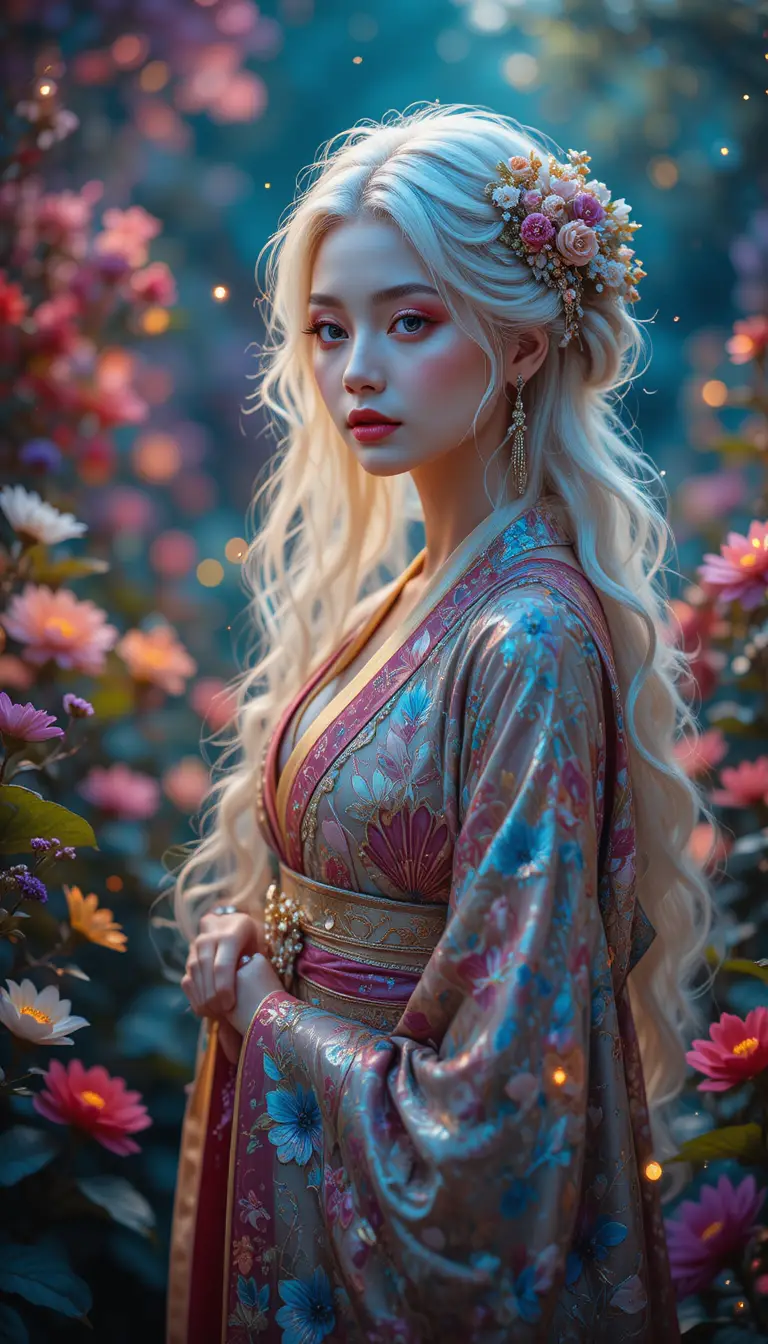 薄暮奇幻花園中的白髮和服女子