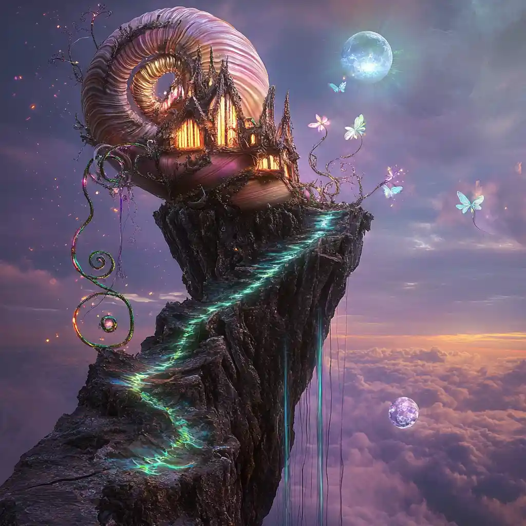 Glowing Snail Shell House On A Jagged Cliff