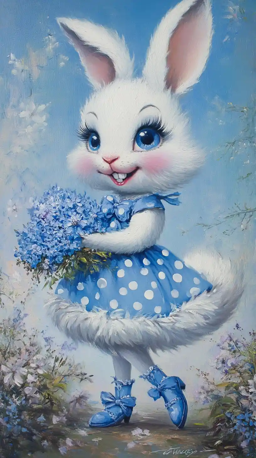 Smiling white rabbit in blue polka dot dress with flowers