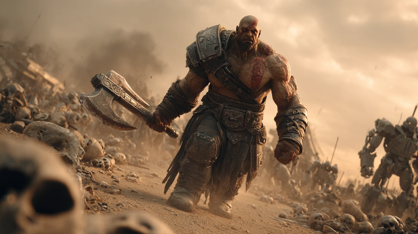 Barbarian warrior charging across a desolate robotic battlefield