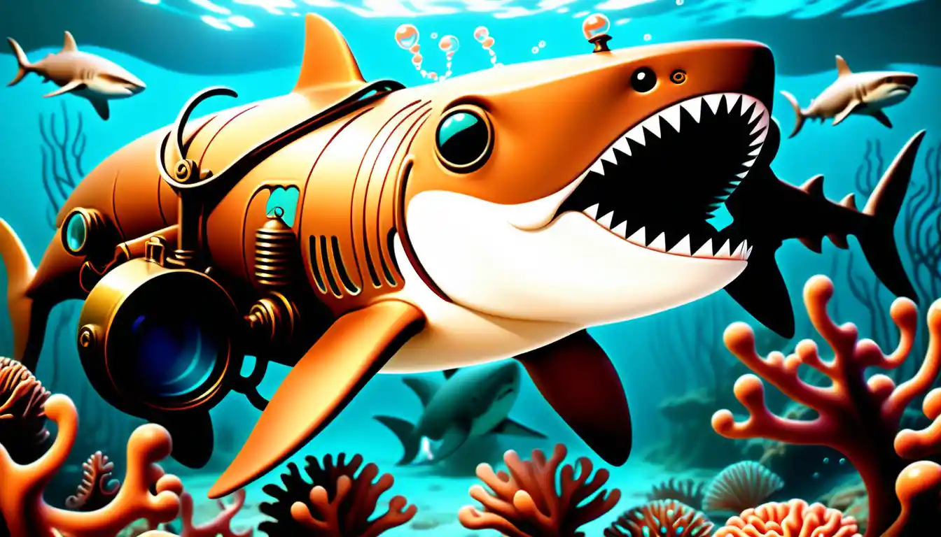Hero shark leading steampunk companions through glowing waters