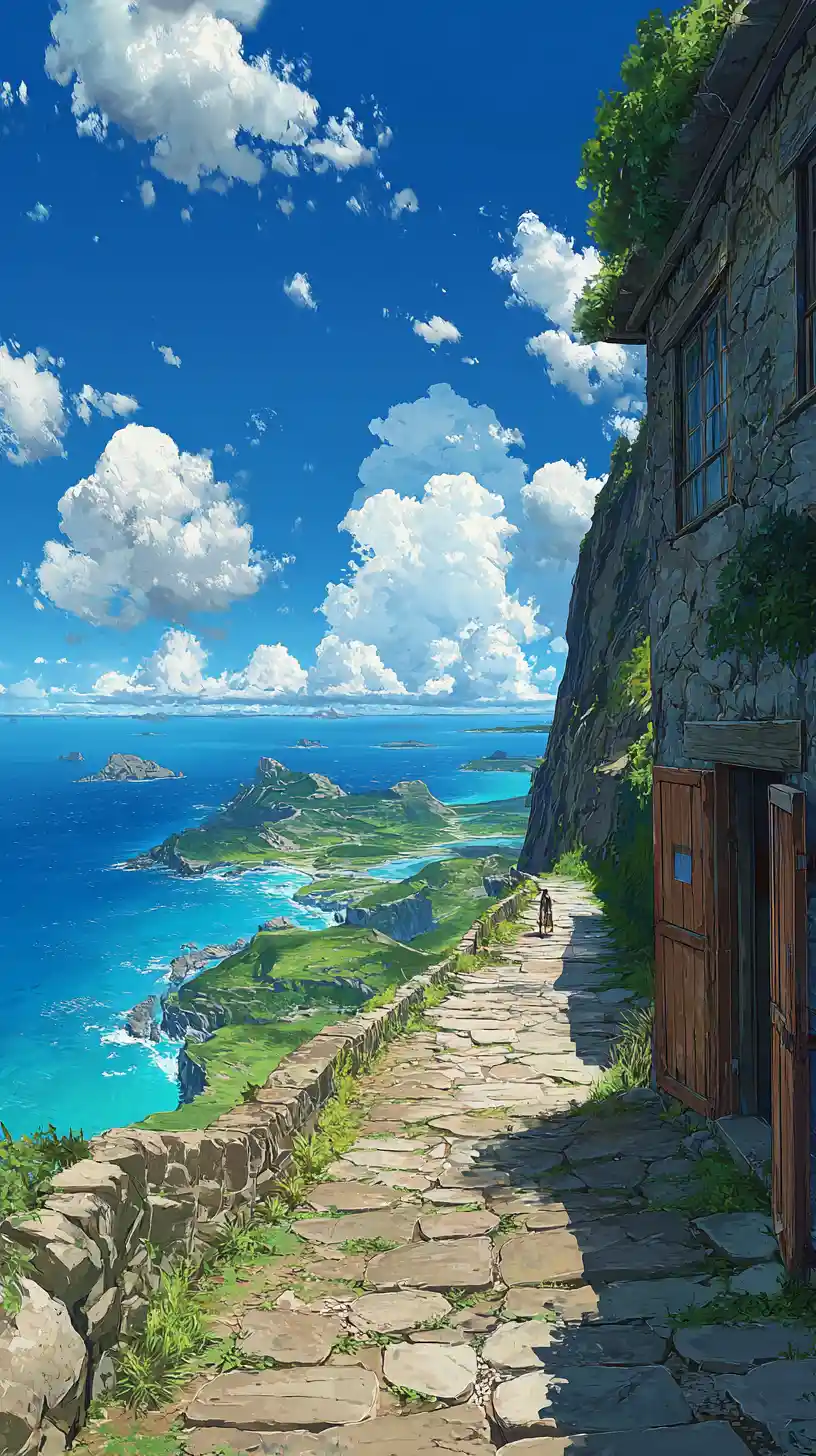 Caminho de pedra ao longo de um penhasco à beira-mar sob céu azul vívido