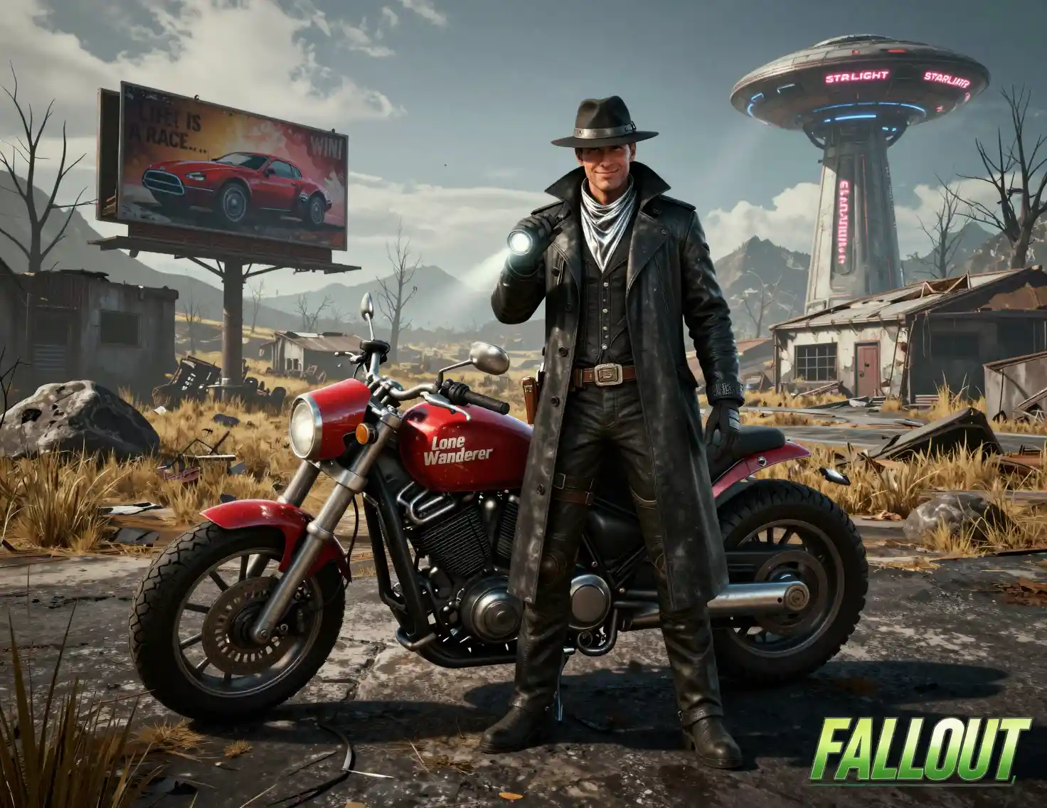 Detective di fantascienza accanto a una moto in una landa desolata