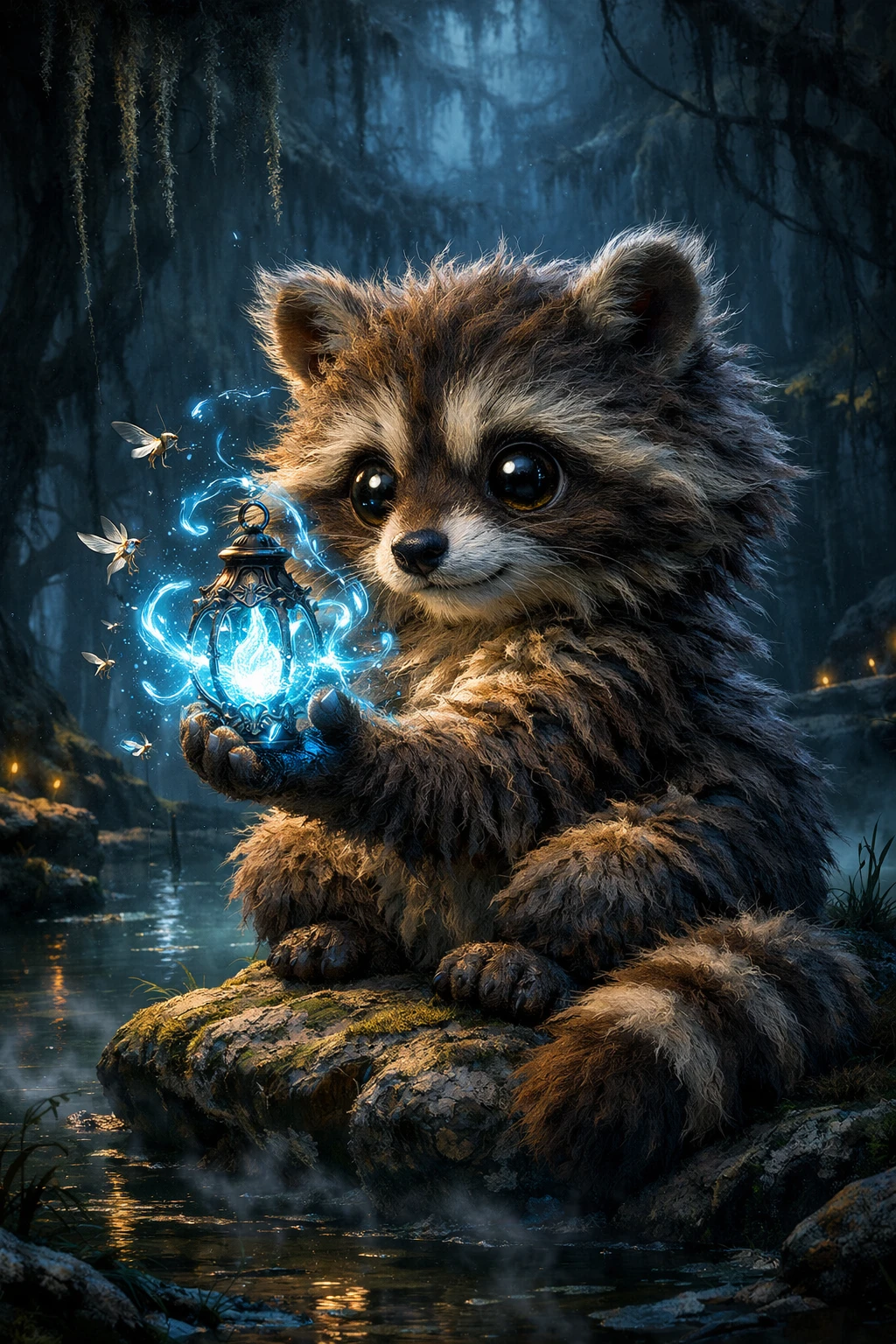 光る魔法のランタンを持つかわいいファンタジークリーチャー