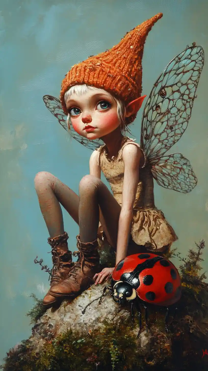 Cute fairy sitting on a ladybug in blue fantasy scene