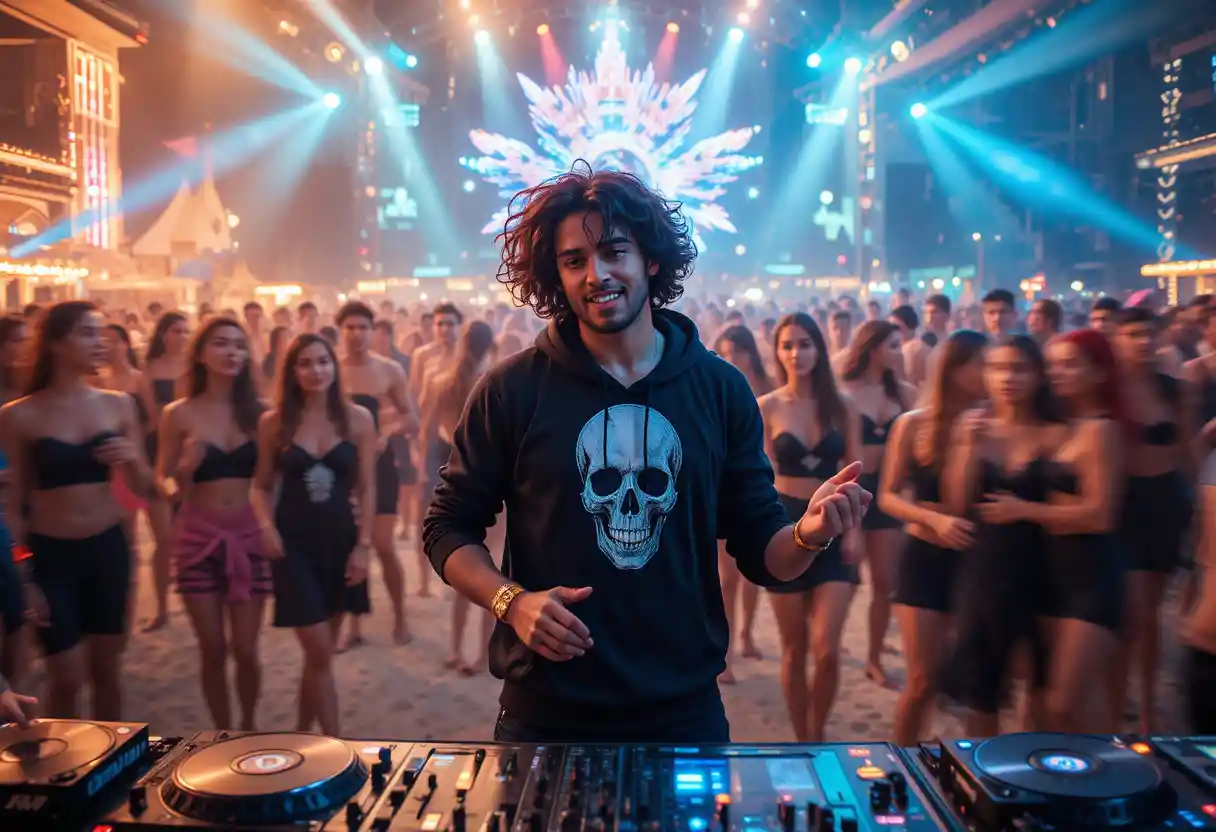 Spanish DJ dancing on a Dubai beach with crowd