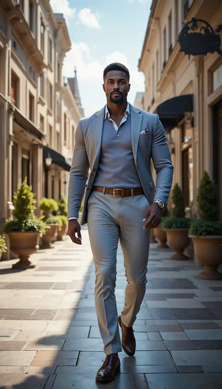 Confident stylish man walking on a sunlit luxury street
