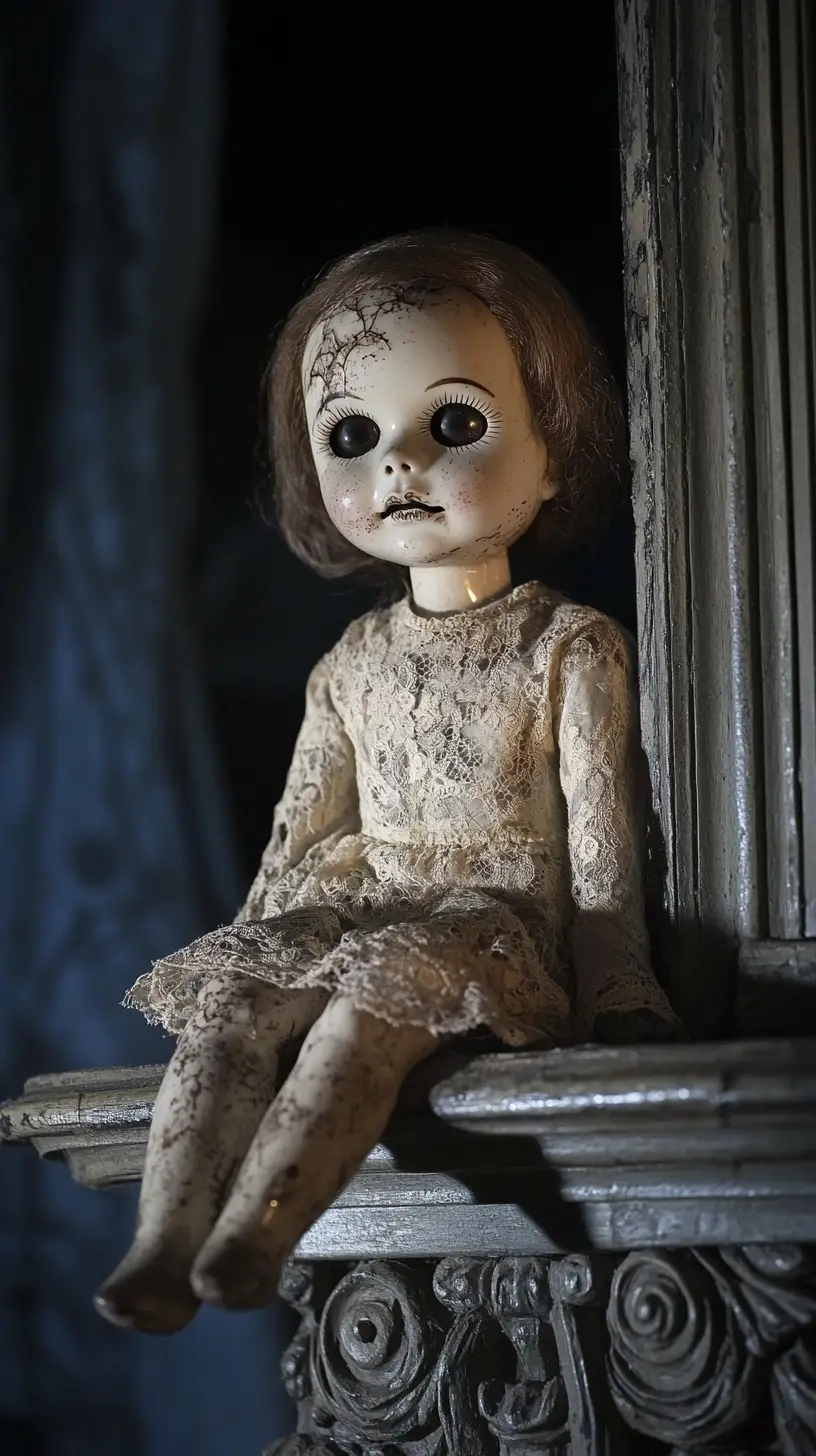 Cracked Porcelain Doll On Dusty Window Ledge At Night